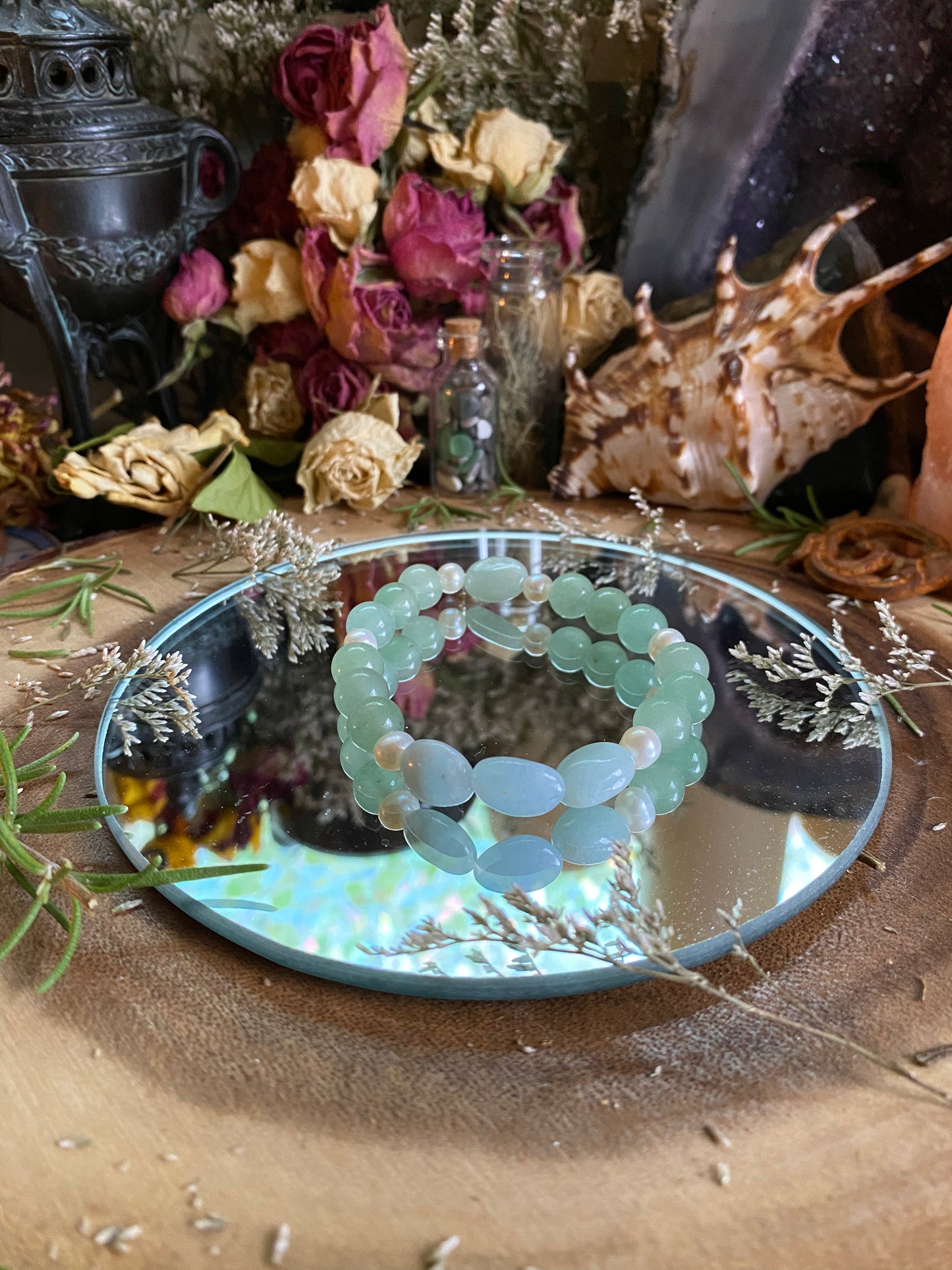 Aquamarine, Aventurine, & Pearl Gemstone Bracelets