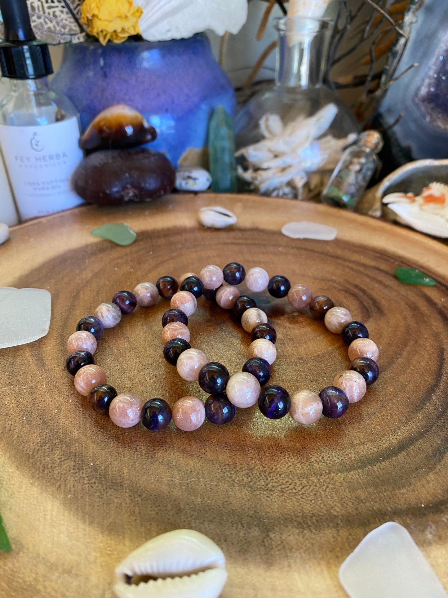 Sunstone & Purple Tigers Eye Gemstone Bracelets