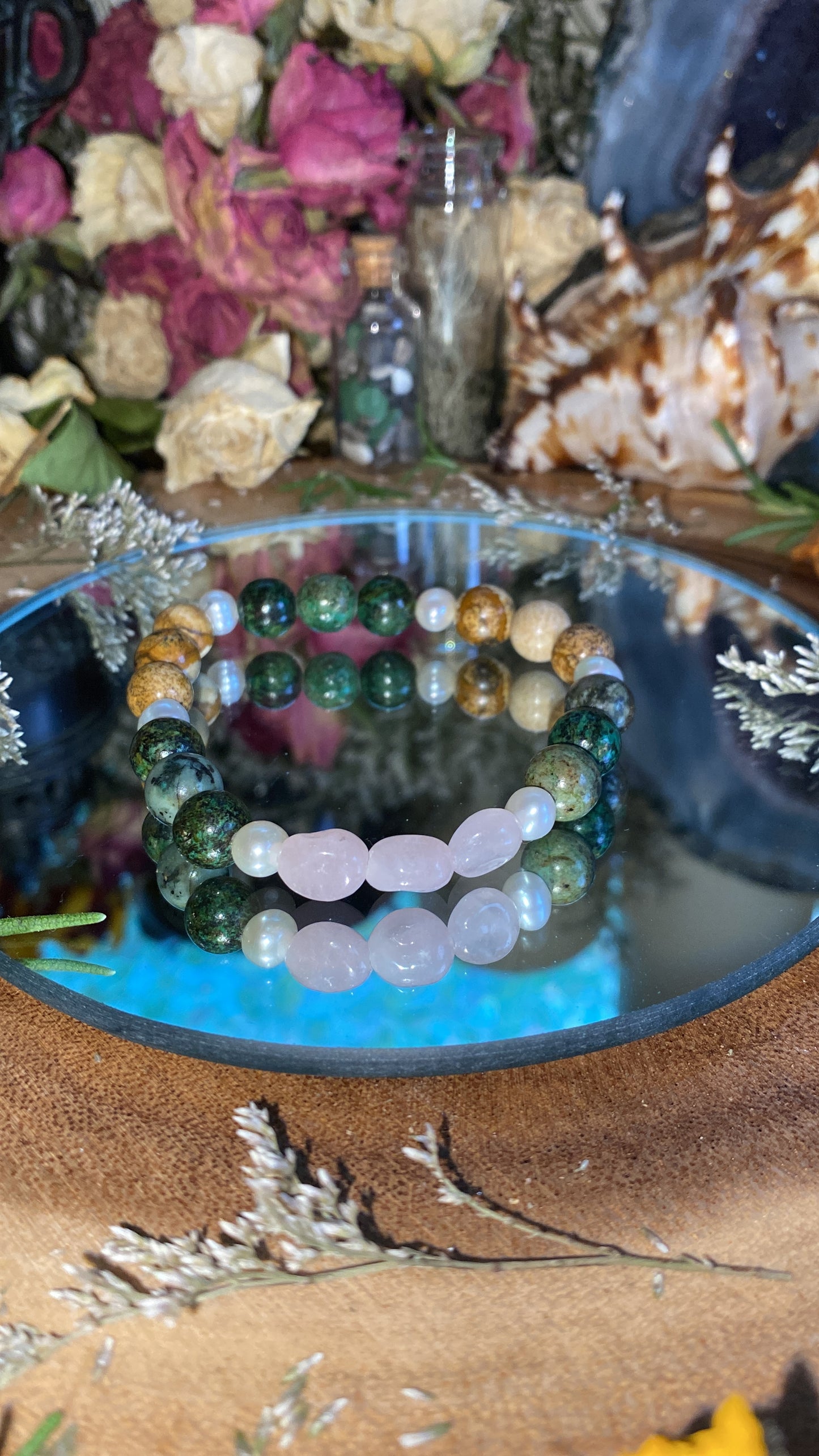 African Turquoise, Pearl, Rose Quartz, & Jasper Bracelet