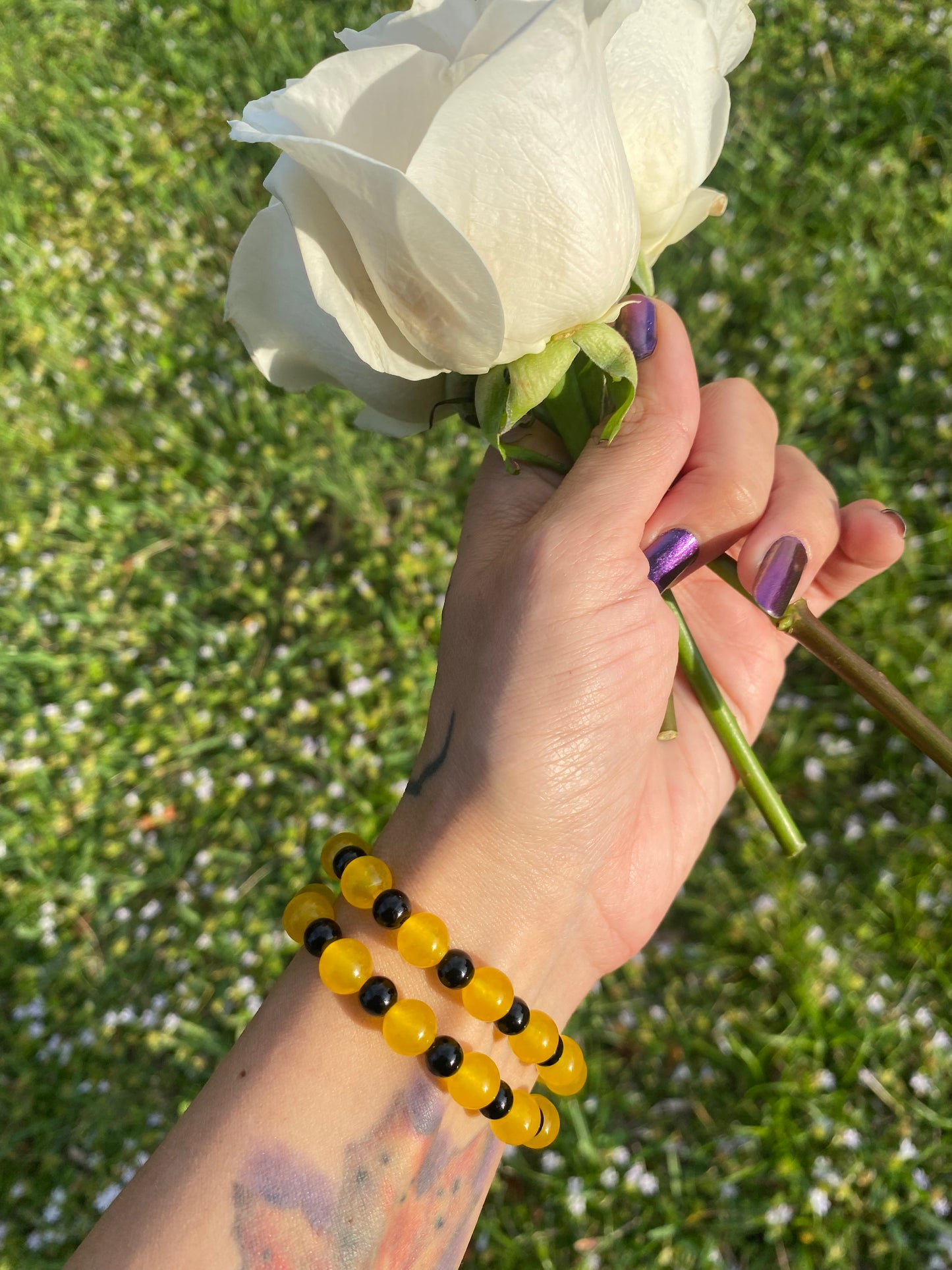 Yellow Jade & Obsidian Bracelet