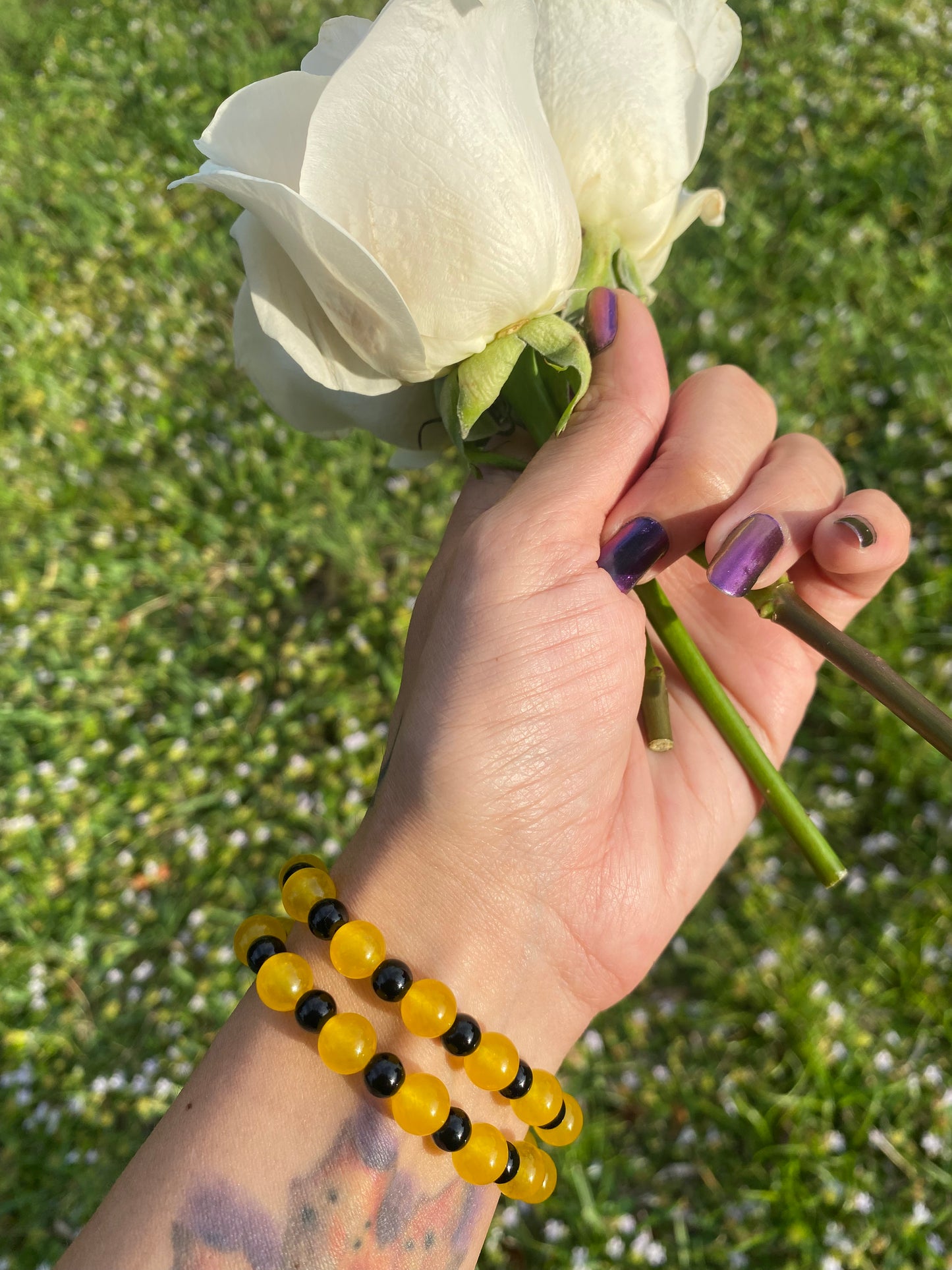 Yellow Jade & Obsidian Bracelet