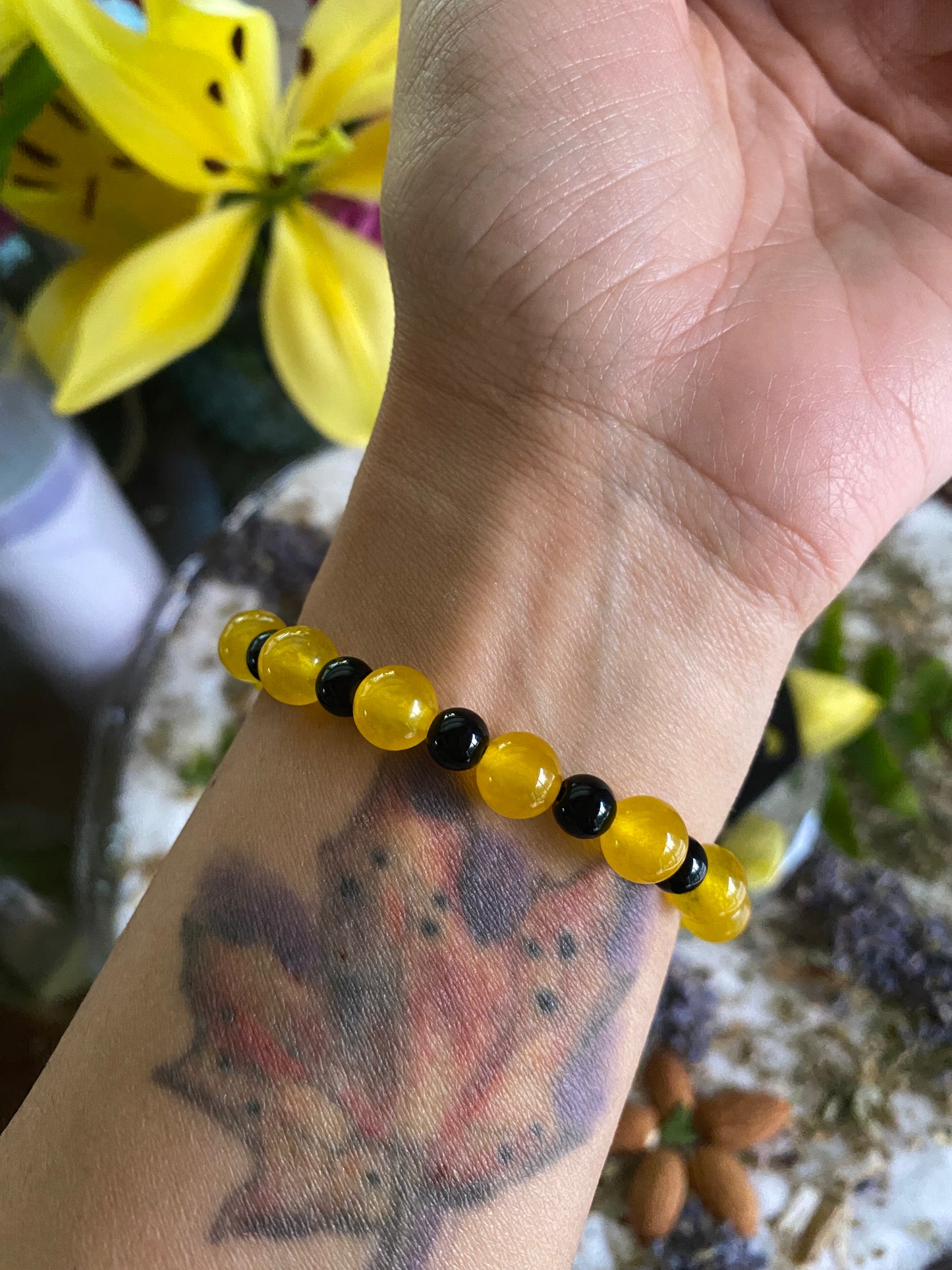 Yellow Jade & Obsidian Bracelet